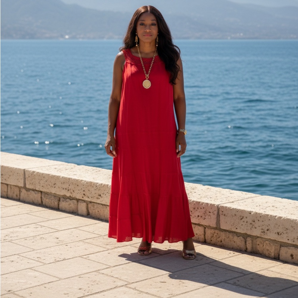 Jessica Howard Red Crochet Neck Midi Dress 16 W - Picture 1 of 5